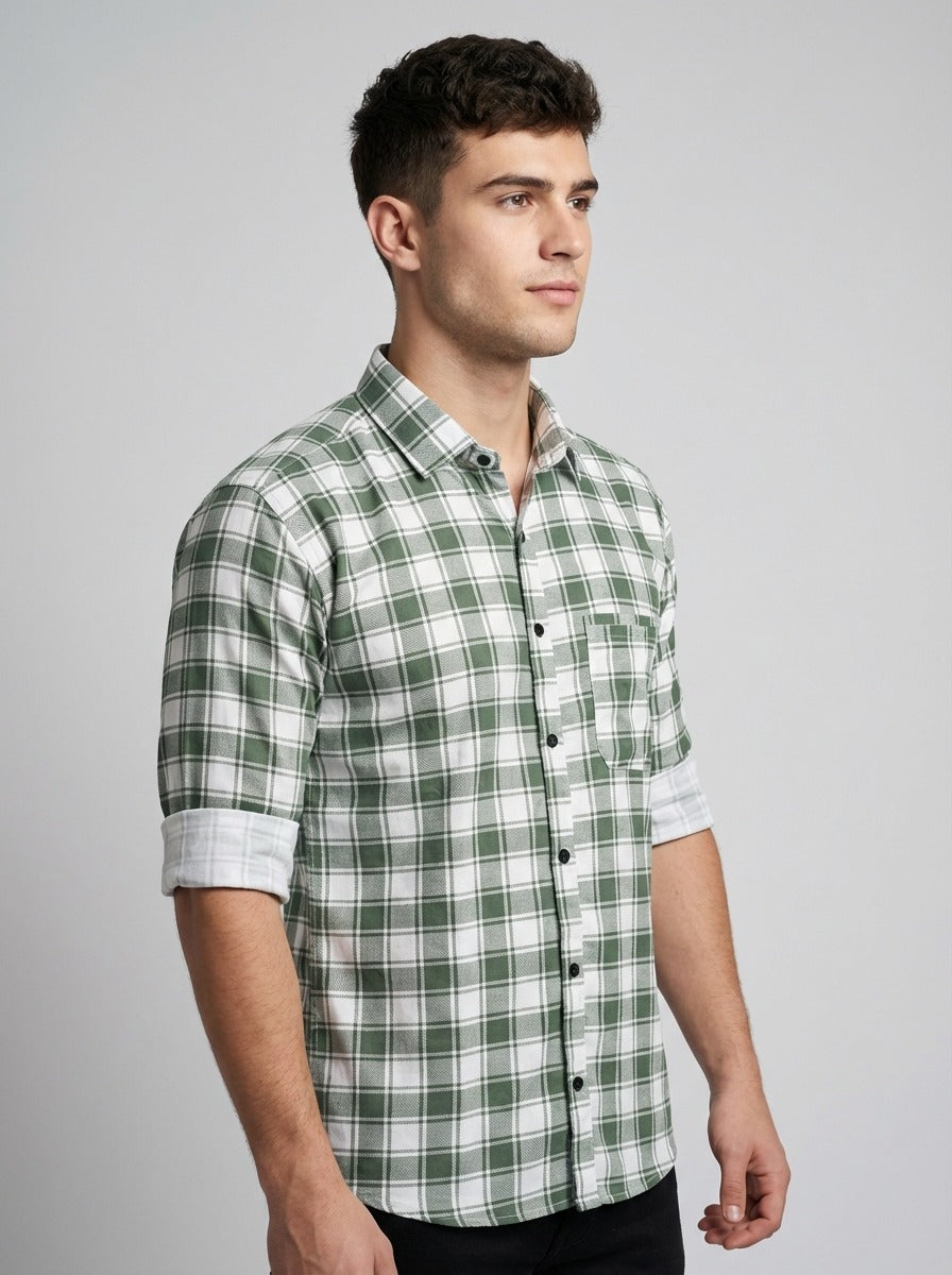 Men's Premium Green & White Plaid Cotton Button-Down Shirt