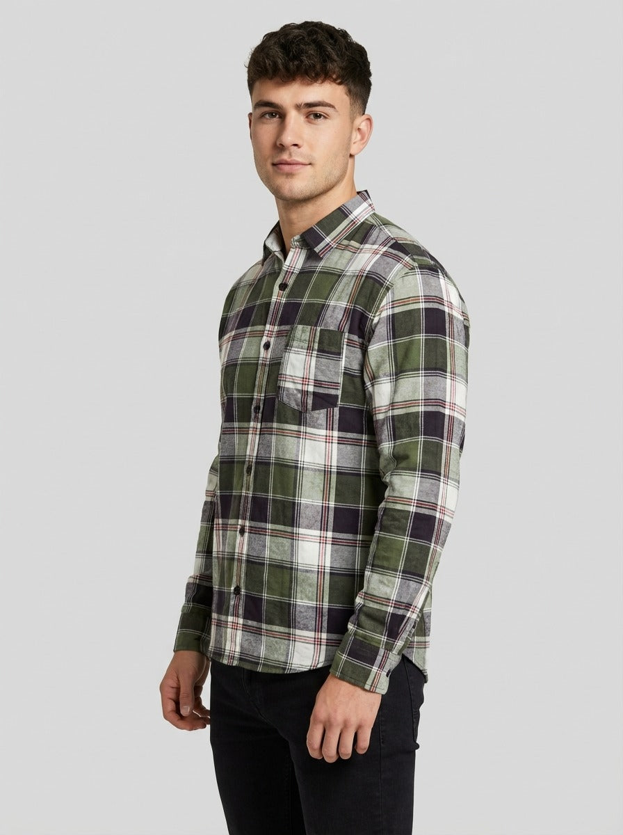 Men's Premium Green Plaid Cotton Flannel Shirt - Tailored Fit