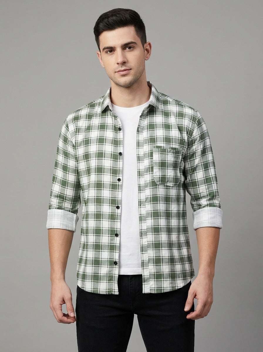 Men's Premium Green & White Plaid Cotton Button-Down Shirt