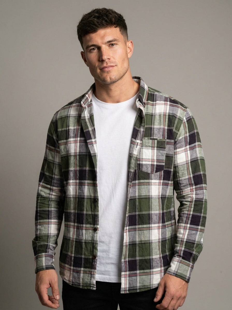 Men's Premium Green Plaid Cotton Flannel Shirt - Tailored Fit