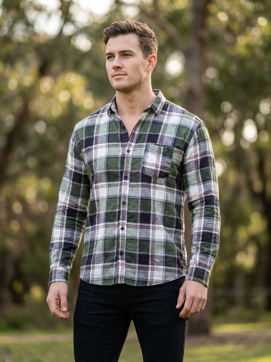 Men's Premium Green Plaid Cotton Flannel Shirt - Tailored Fit
