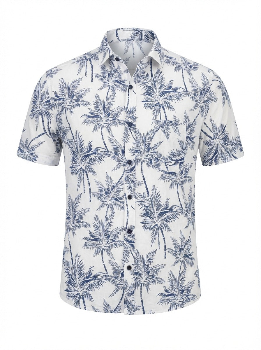 Men's Slim Fit Navy Palm Tree Print White Resort Shirt