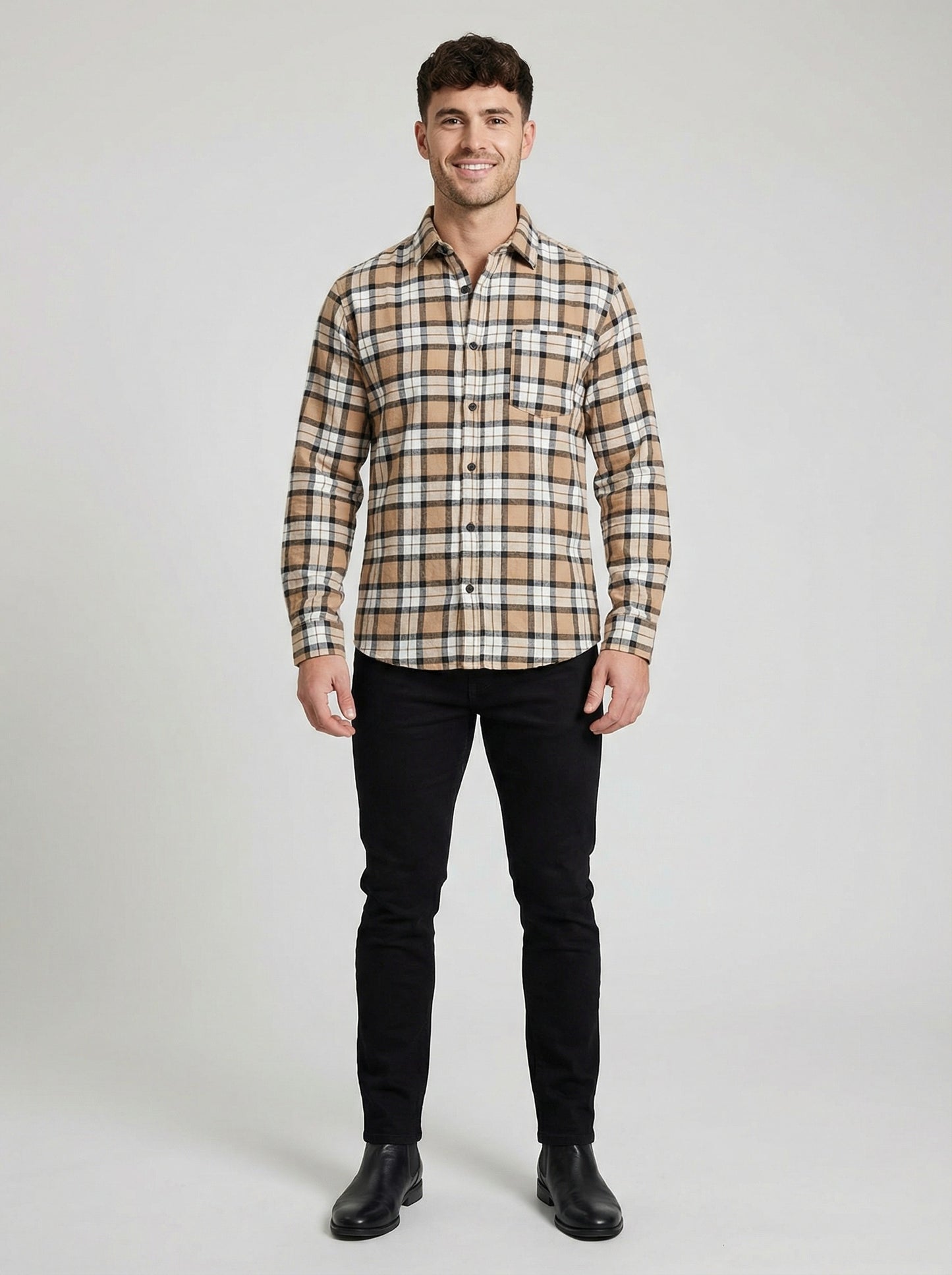 Men's Classic Tan and Black Plaid Button-Down Shirt - Long Sleeve Casual Top