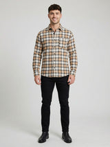 Men's Classic Tan and Black Plaid Button-Down Shirt - Long Sleeve Casual Top