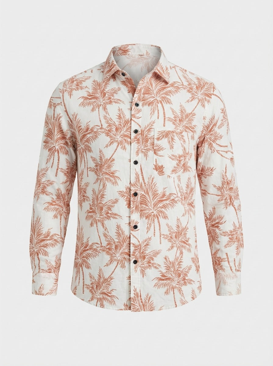 Men's Slim Fit Terracotta Palm Print Linen Blend Shirt