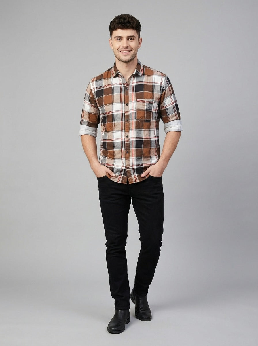 TheShowfine Slim Fit Brown Plaid Cotton Button-Down Shirt