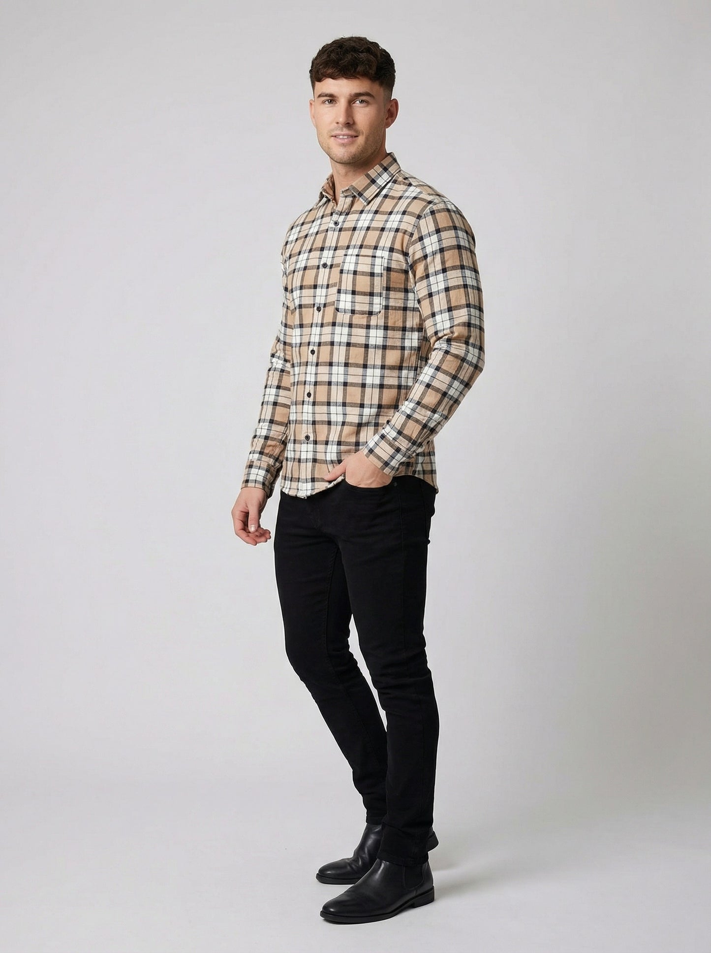 Men's Classic Tan and Black Plaid Button-Down Shirt - Long Sleeve Casual Top