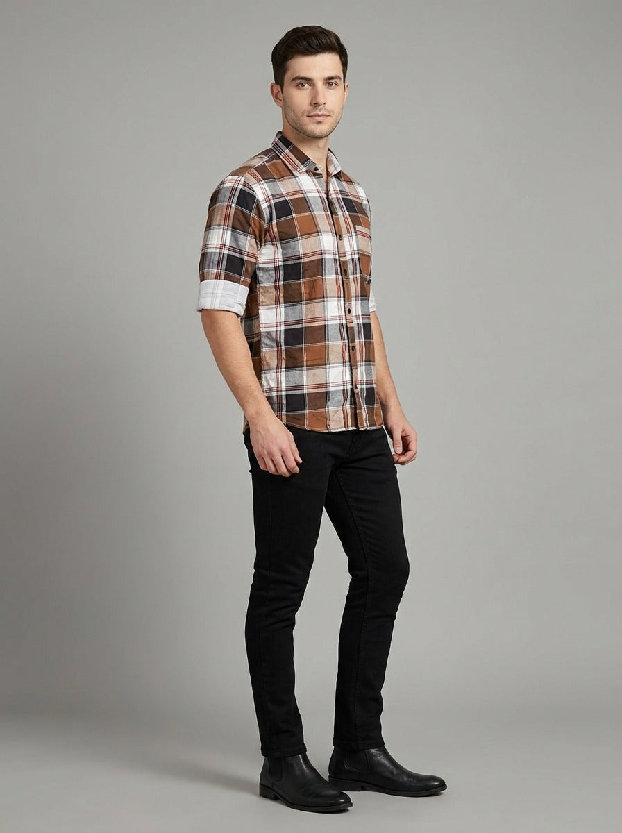 TheShowfine Slim Fit Brown Plaid Cotton Button-Down Shirt
