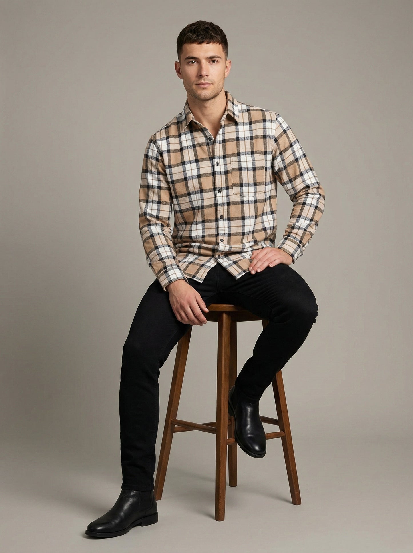 Men's Classic Tan and Black Plaid Button-Down Shirt - Long Sleeve Casual Top