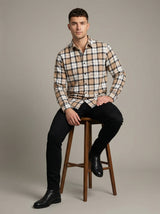 Men's Classic Tan and Black Plaid Button-Down Shirt - Long Sleeve Casual Top