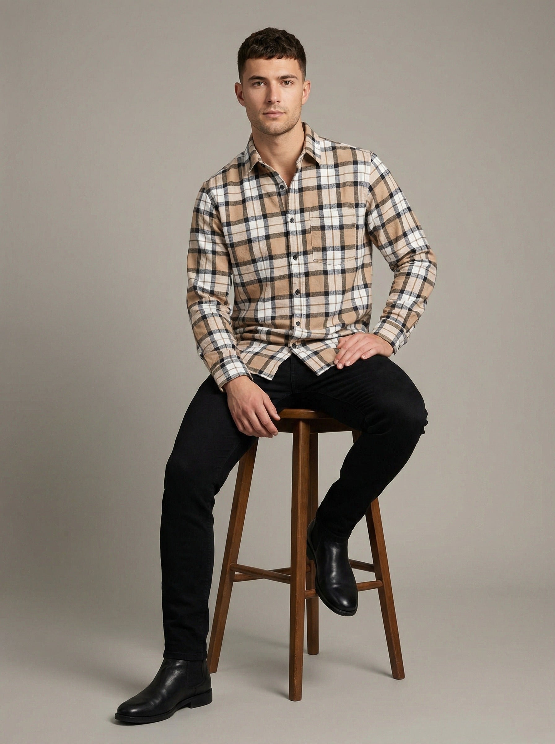 Men's Classic Tan and Black Plaid Button-Down Shirt - Long Sleeve Casual Top