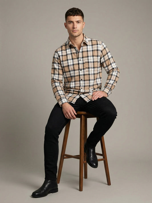 Men's Classic Tan and Black Plaid Button-Down Shirt - Long Sleeve Casual Top