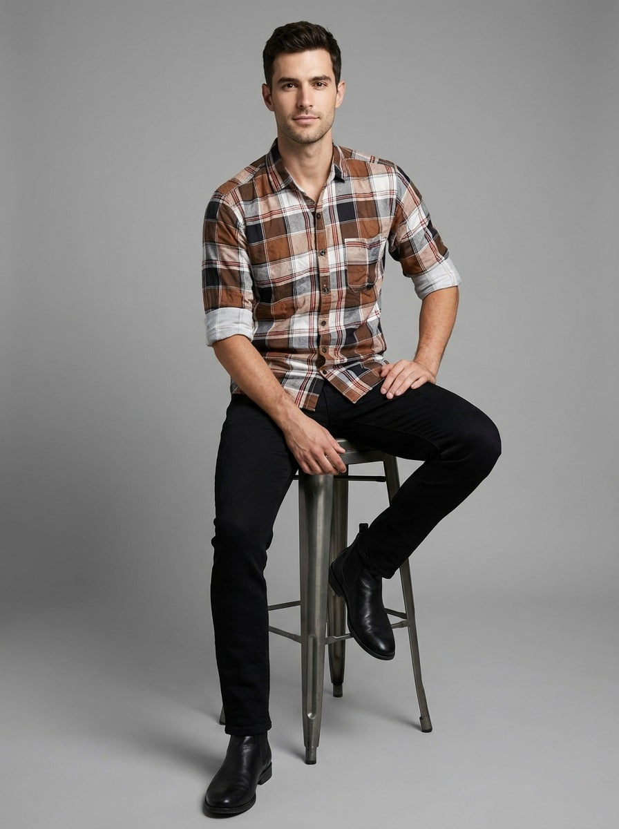 TheShowfine Slim Fit Brown Plaid Cotton Button-Down Shirt