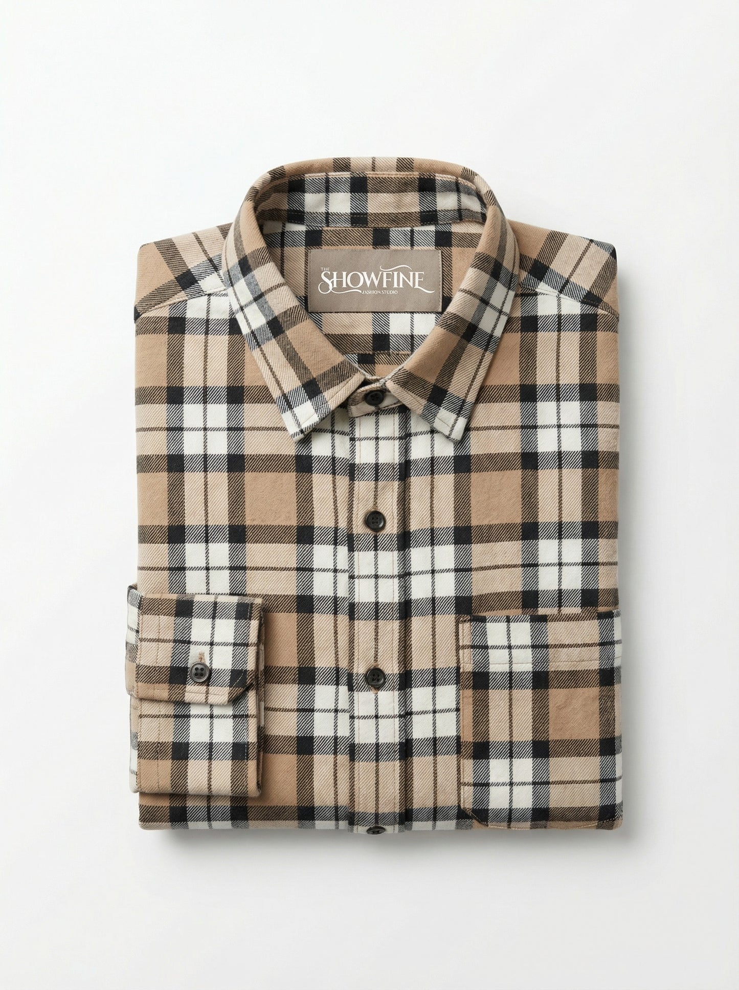 Men's Classic Tan and Black Plaid Button-Down Shirt - Long Sleeve Casual Top