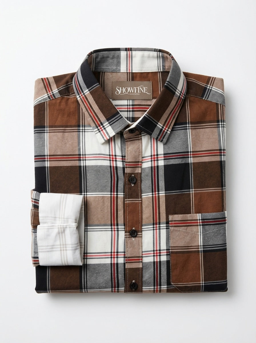 TheShowfine Slim Fit Brown Plaid Cotton Button-Down Shirt