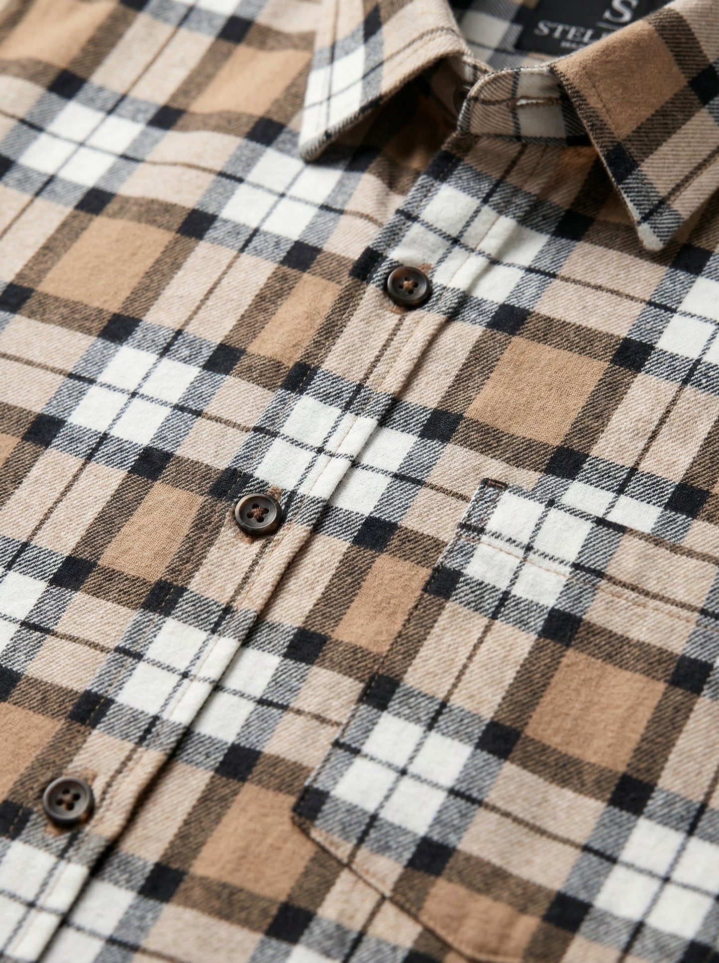 Men's Classic Tan and Black Plaid Button-Down Shirt - Long Sleeve Casual Top
