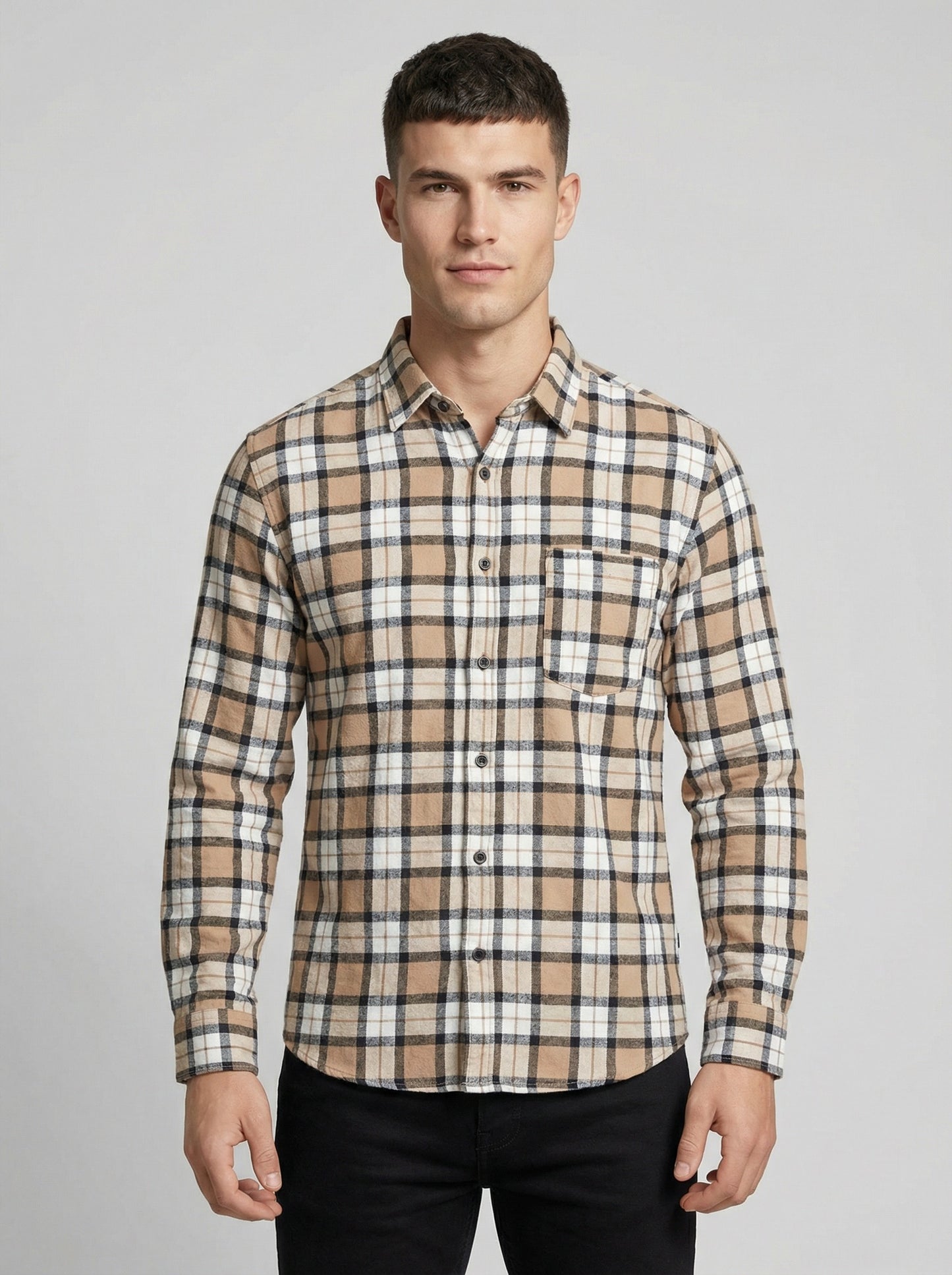 Men's Classic Tan and Black Plaid Button-Down Shirt - Long Sleeve Casual Top