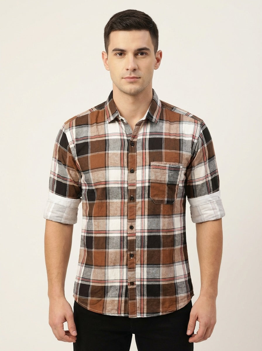 TheShowfine Slim Fit Brown Plaid Cotton Button-Down Shirt