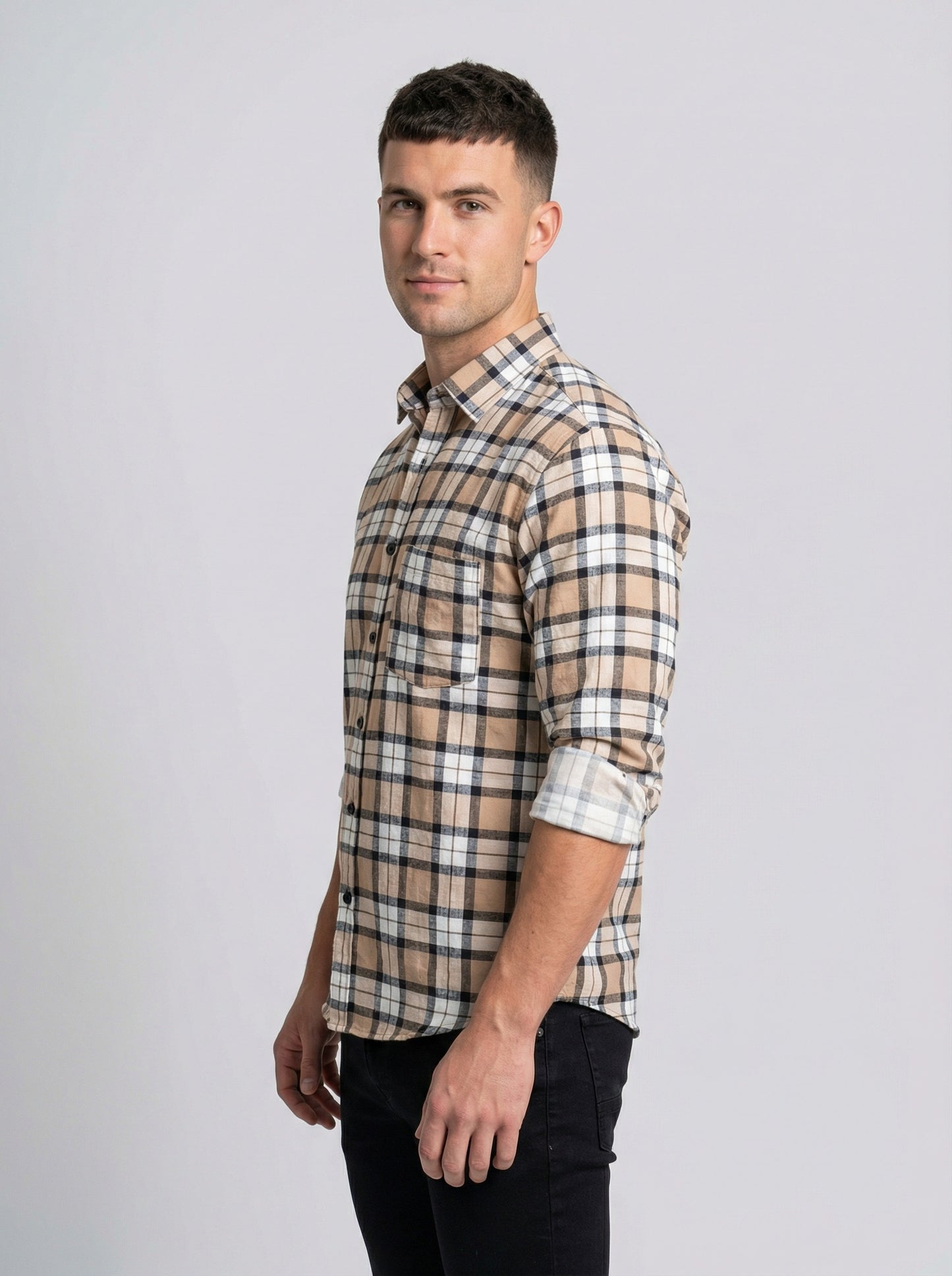 Men's Classic Tan and Black Plaid Button-Down Shirt - Long Sleeve Casual Top