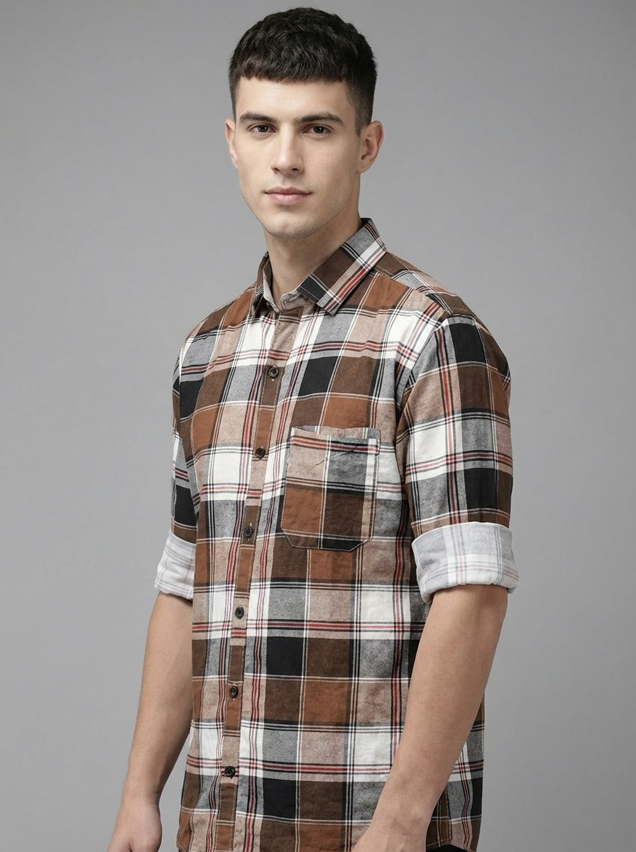 TheShowfine Slim Fit Brown Plaid Cotton Button-Down Shirt
