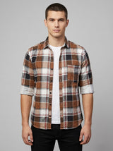TheShowfine Slim Fit Brown Plaid Cotton Button-Down Shirt