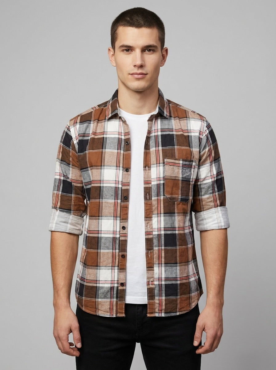 TheShowfine Slim Fit Brown Plaid Cotton Button-Down Shirt