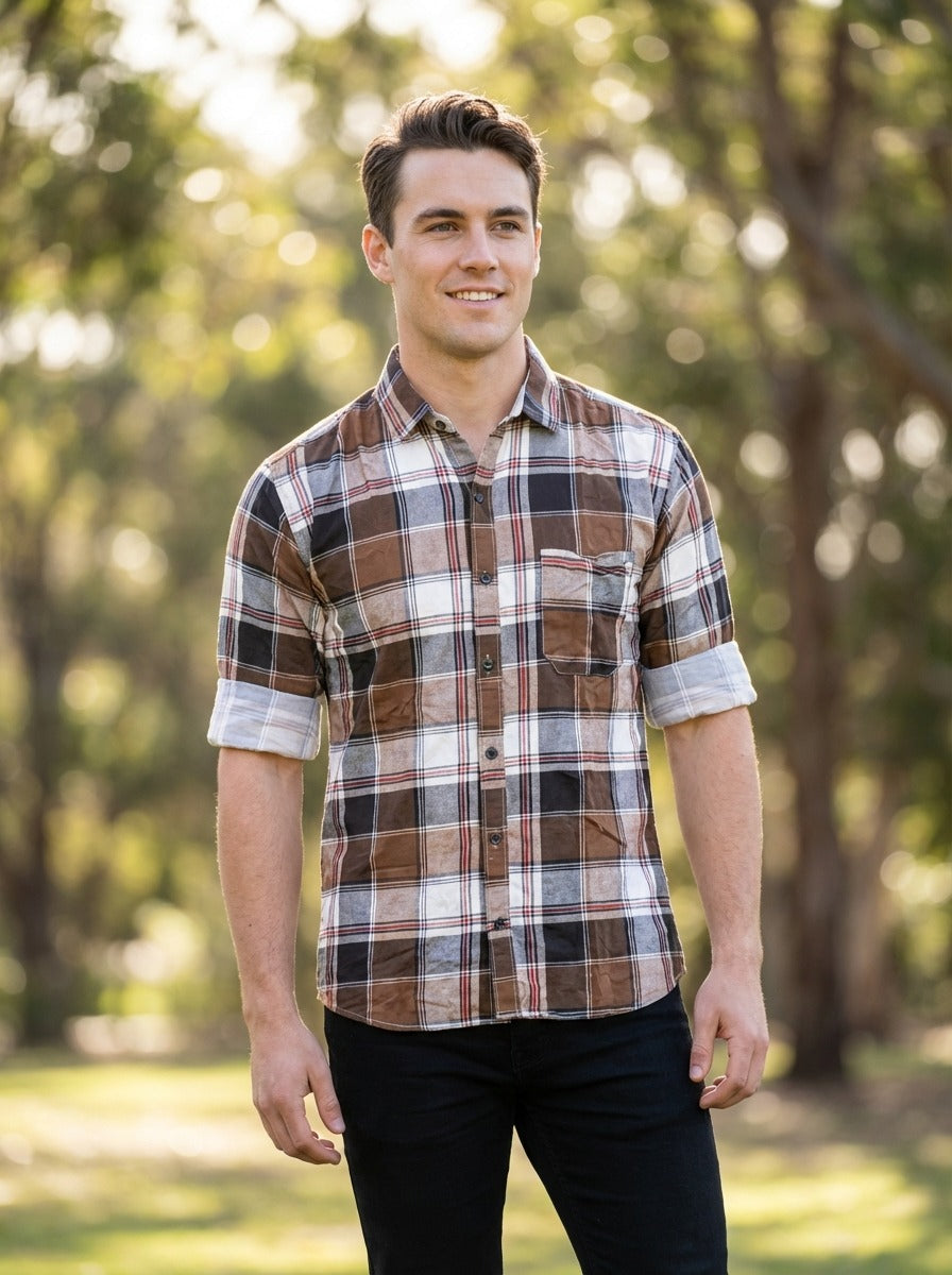 TheShowfine Slim Fit Brown Plaid Cotton Button-Down Shirt
