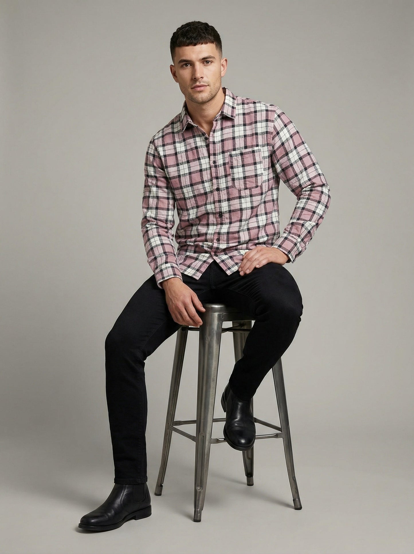 Classic Mauve and Black Plaid Men's Flannel Button-Down Shirt