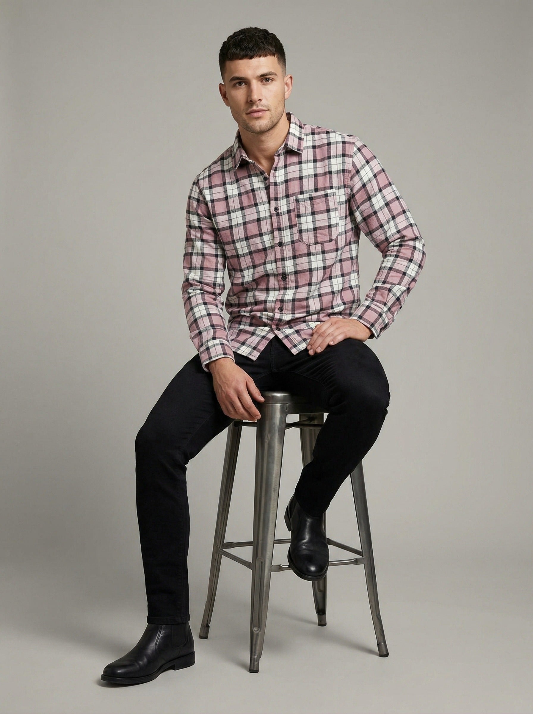 Classic Mauve and Black Plaid Men's Flannel Button-Down Shirt
