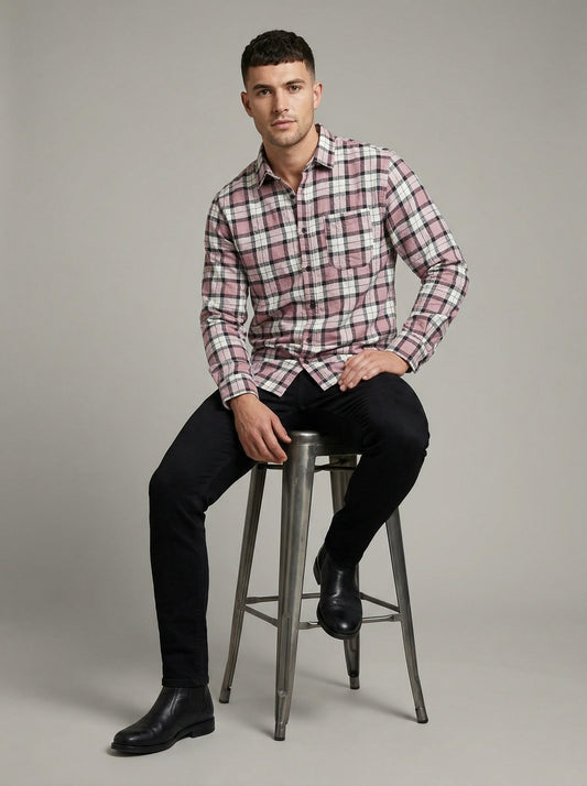 Classic Mauve and Black Plaid Men's Flannel Button-Down Shirt