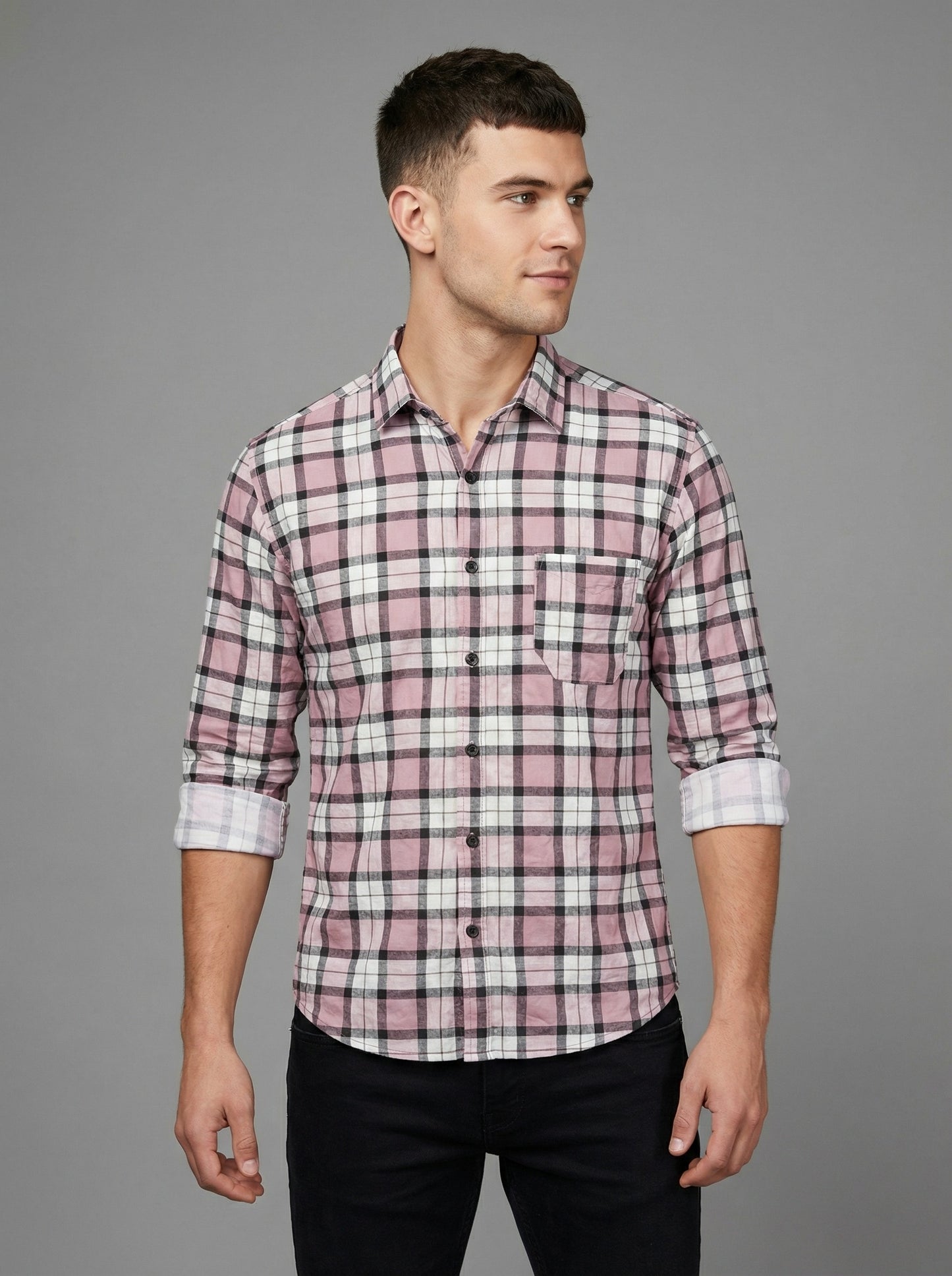 Classic Mauve and Black Plaid Men's Flannel Button-Down Shirt