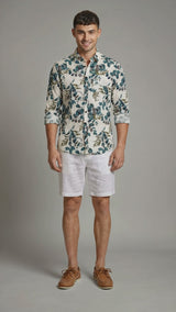 Men's Botanical Print Crinkle-Texture Long Sleeve Button-Down Shirt