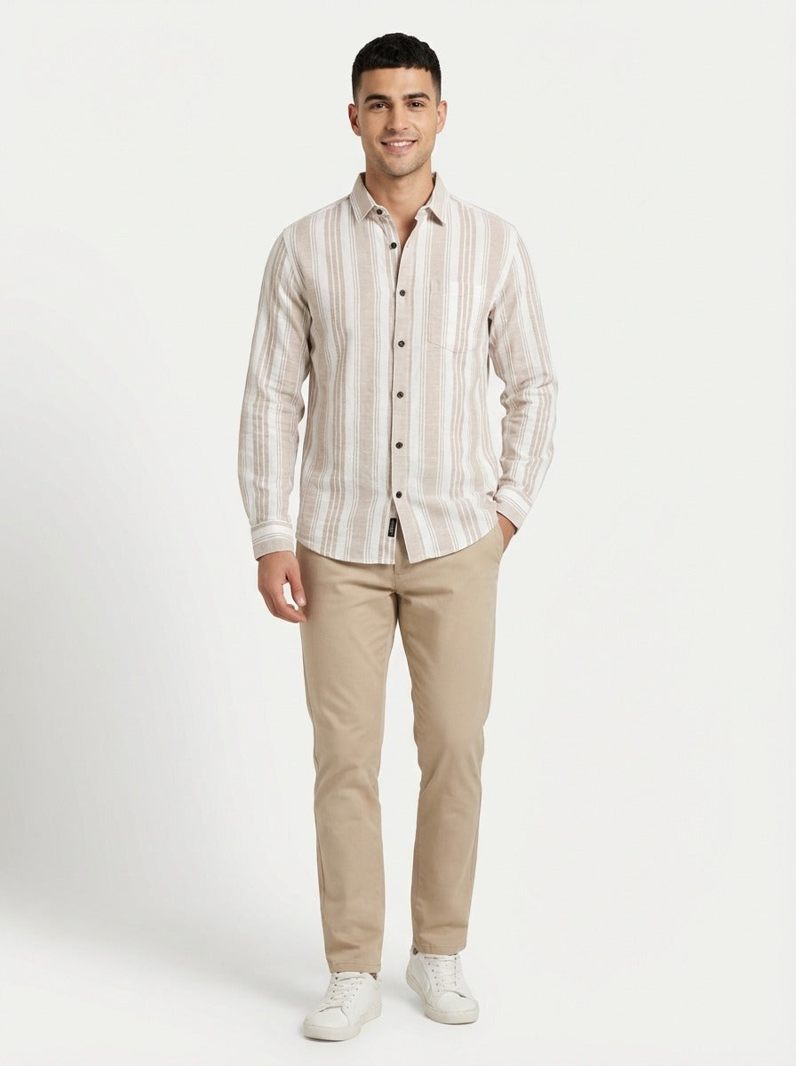 Men's Relaxed Fit Striped Linen-Blend Shirt in Sand