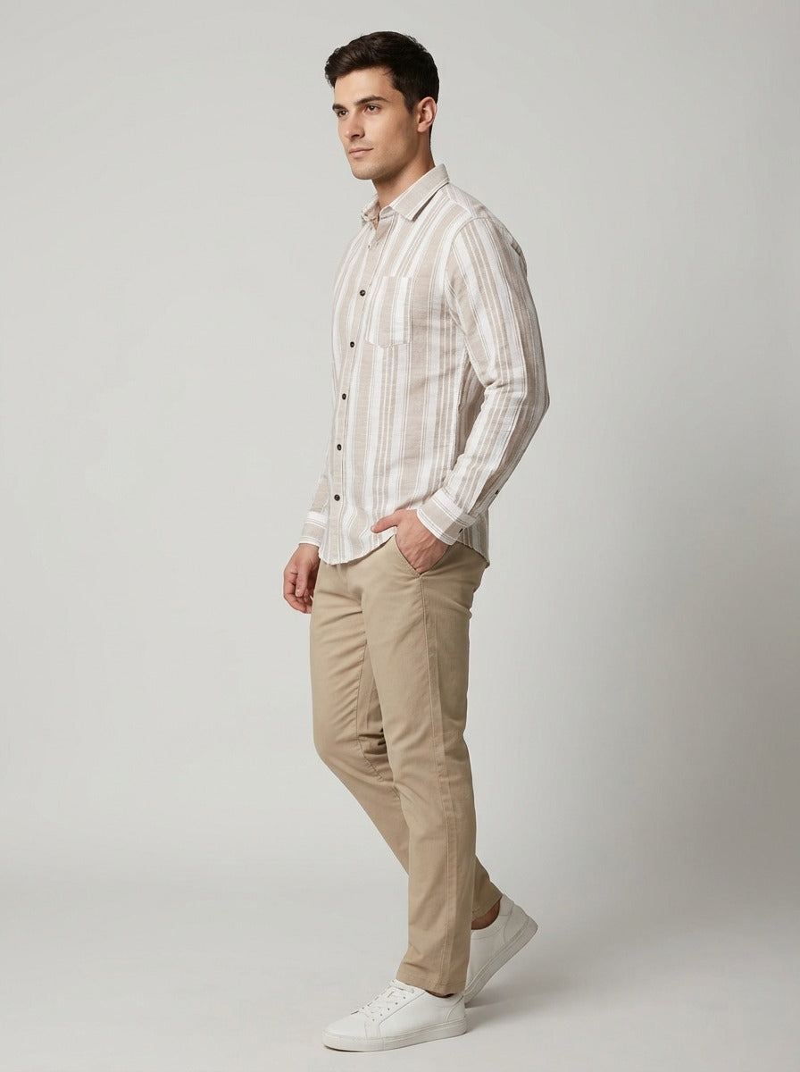 Men's Relaxed Fit Striped Linen-Blend Shirt in Sand