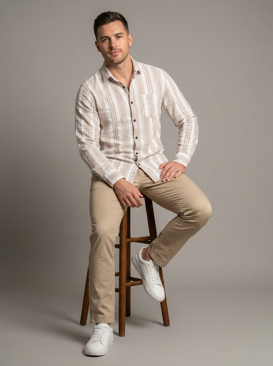 Men's Relaxed Fit Striped Linen-Blend Shirt in Sand