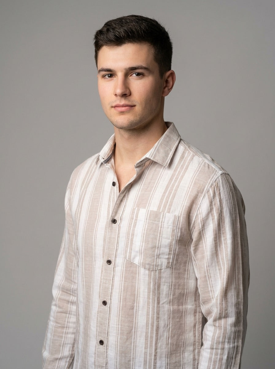 Men's Relaxed Fit Striped Linen-Blend Shirt in Sand