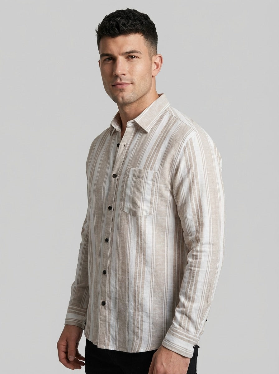 Men's Relaxed Fit Striped Linen-Blend Shirt in Sand