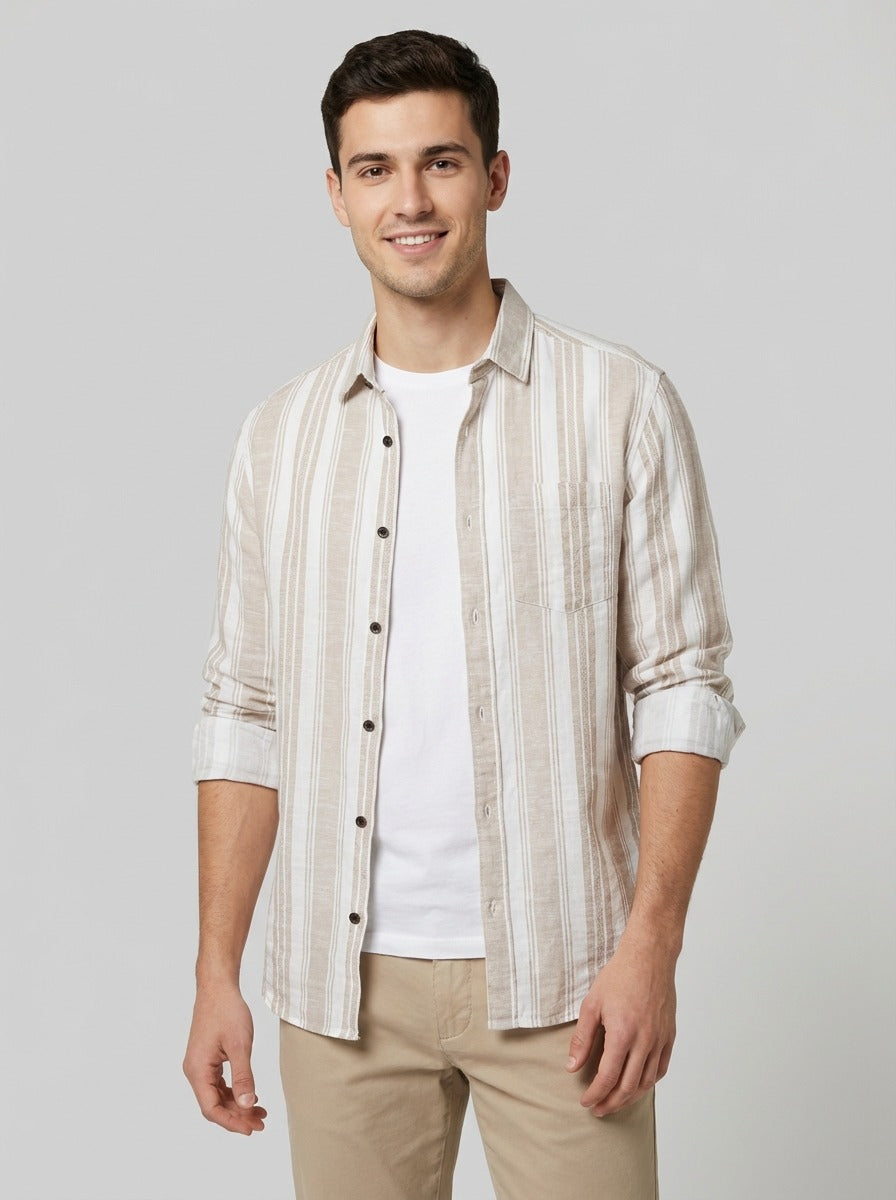 Men's Relaxed Fit Striped Linen-Blend Shirt in Sand