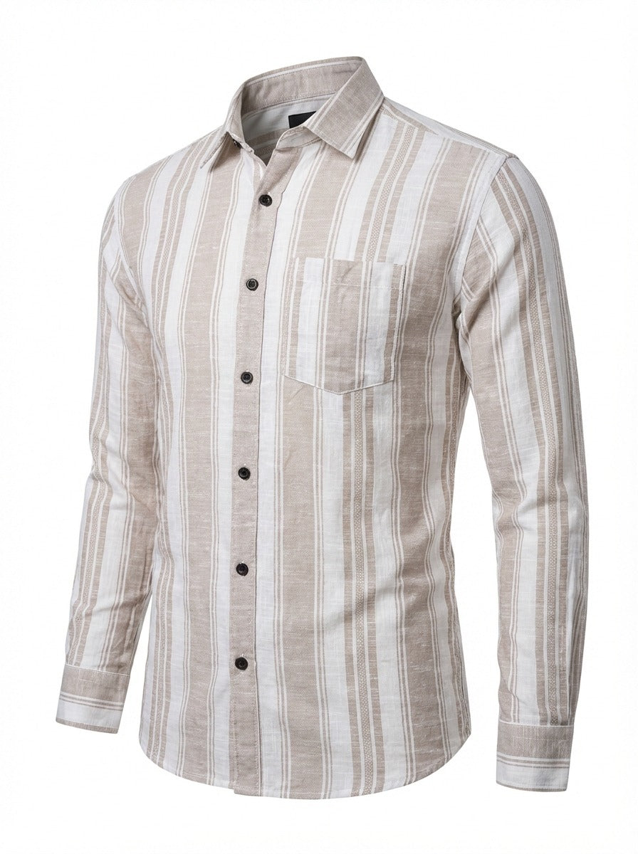 Men's Relaxed Fit Striped Linen-Blend Shirt in Sand