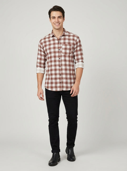 Men's Premium Brown & White Plaid Cotton Shirt - Tailored Fit