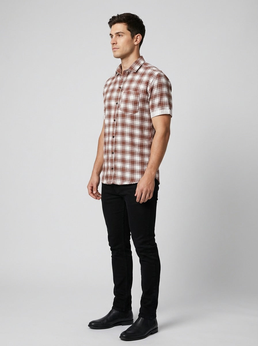 Men's Premium Brown & White Plaid Cotton Shirt - Tailored Fit