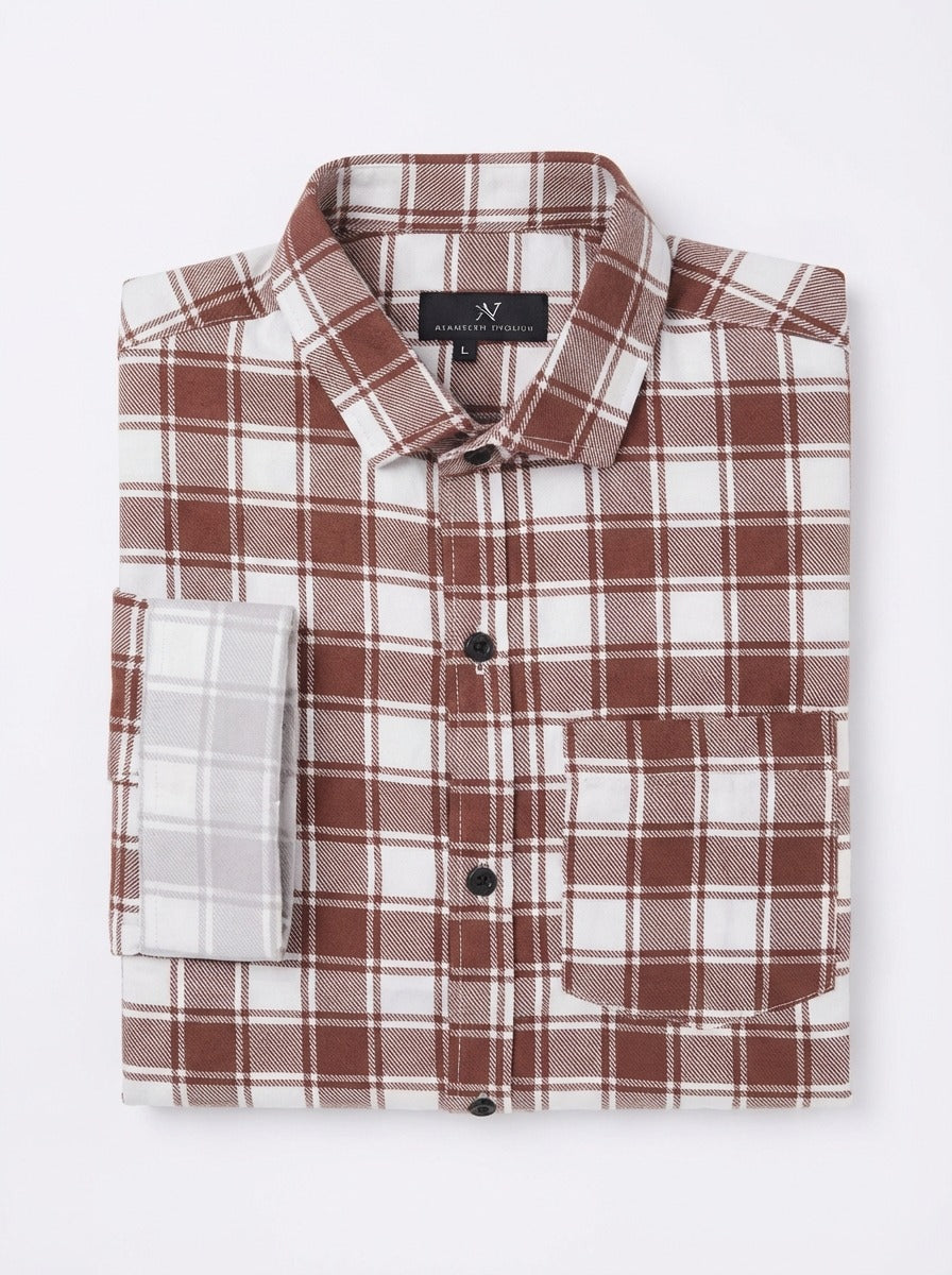 Men's Premium Brown & White Plaid Cotton Shirt - Tailored Fit