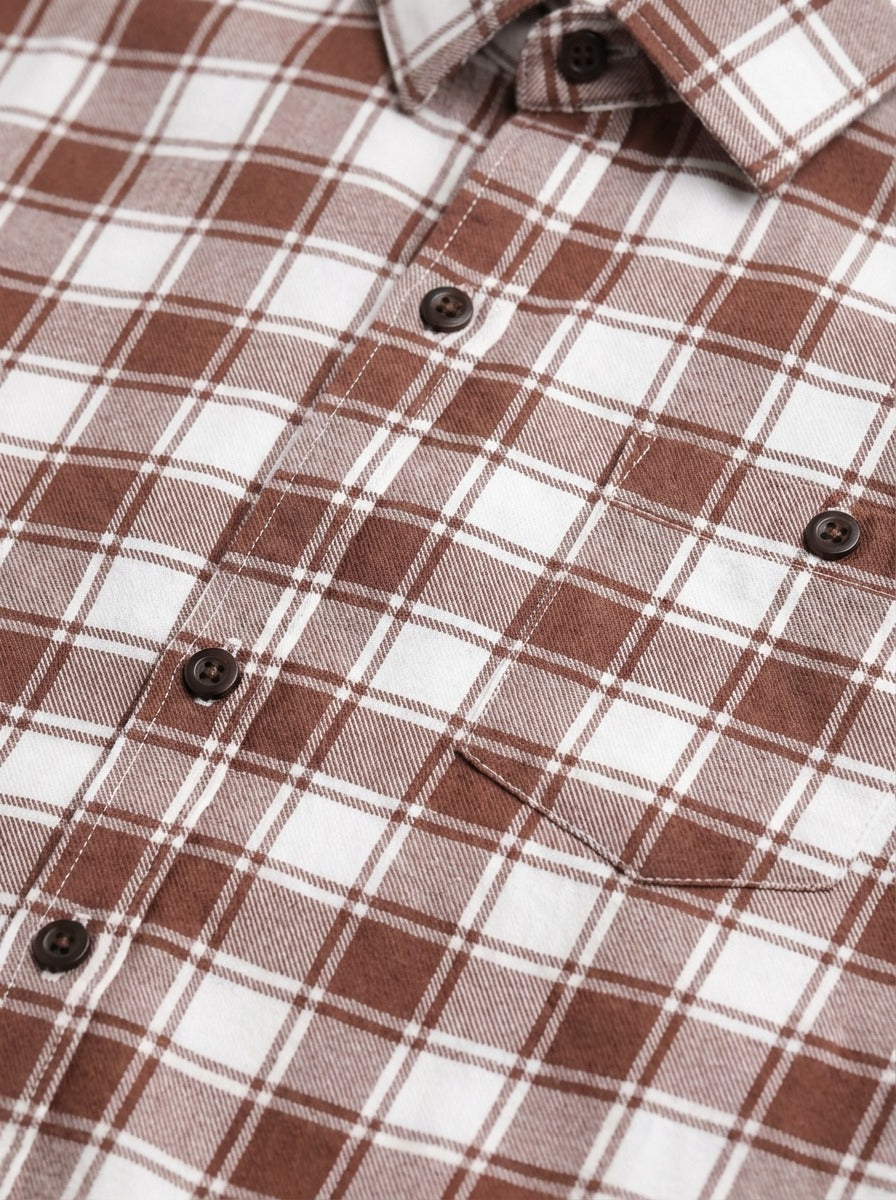 Men's Premium Brown & White Plaid Cotton Shirt - Tailored Fit