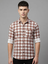 Men's Premium Brown & White Plaid Cotton Shirt - Tailored Fit