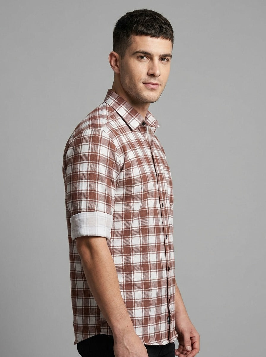 Men's Premium Brown & White Plaid Cotton Shirt - Tailored Fit