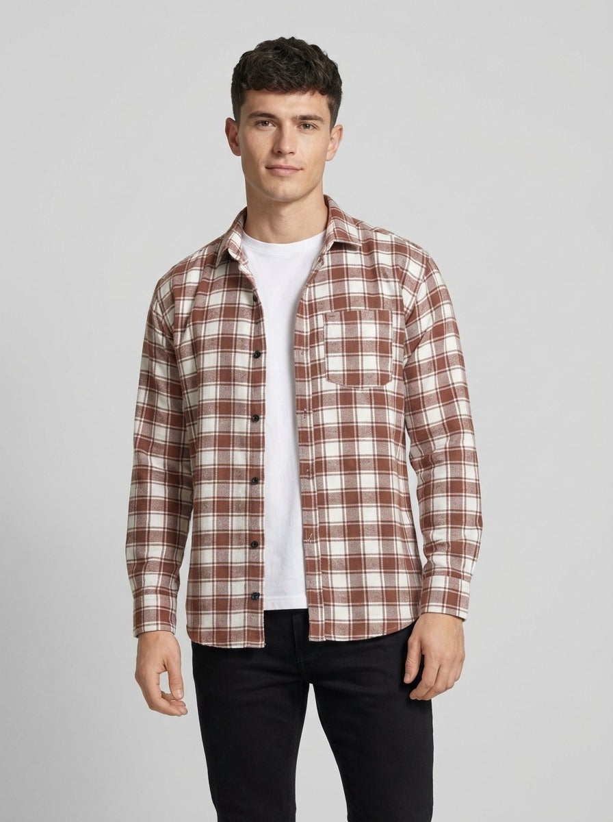 Men's Premium Brown & White Plaid Cotton Shirt - Tailored Fit