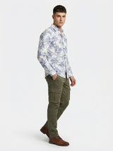 Men's Slim Fit Navy Palm Tree Print White Resort Shirt