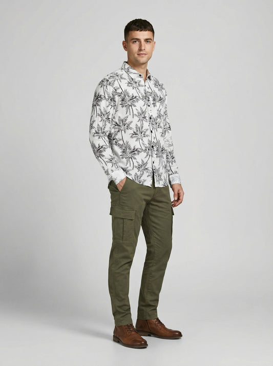 Monochrome Palm Print Viscose Resort Shirt - Long Sleeve Slim Fit