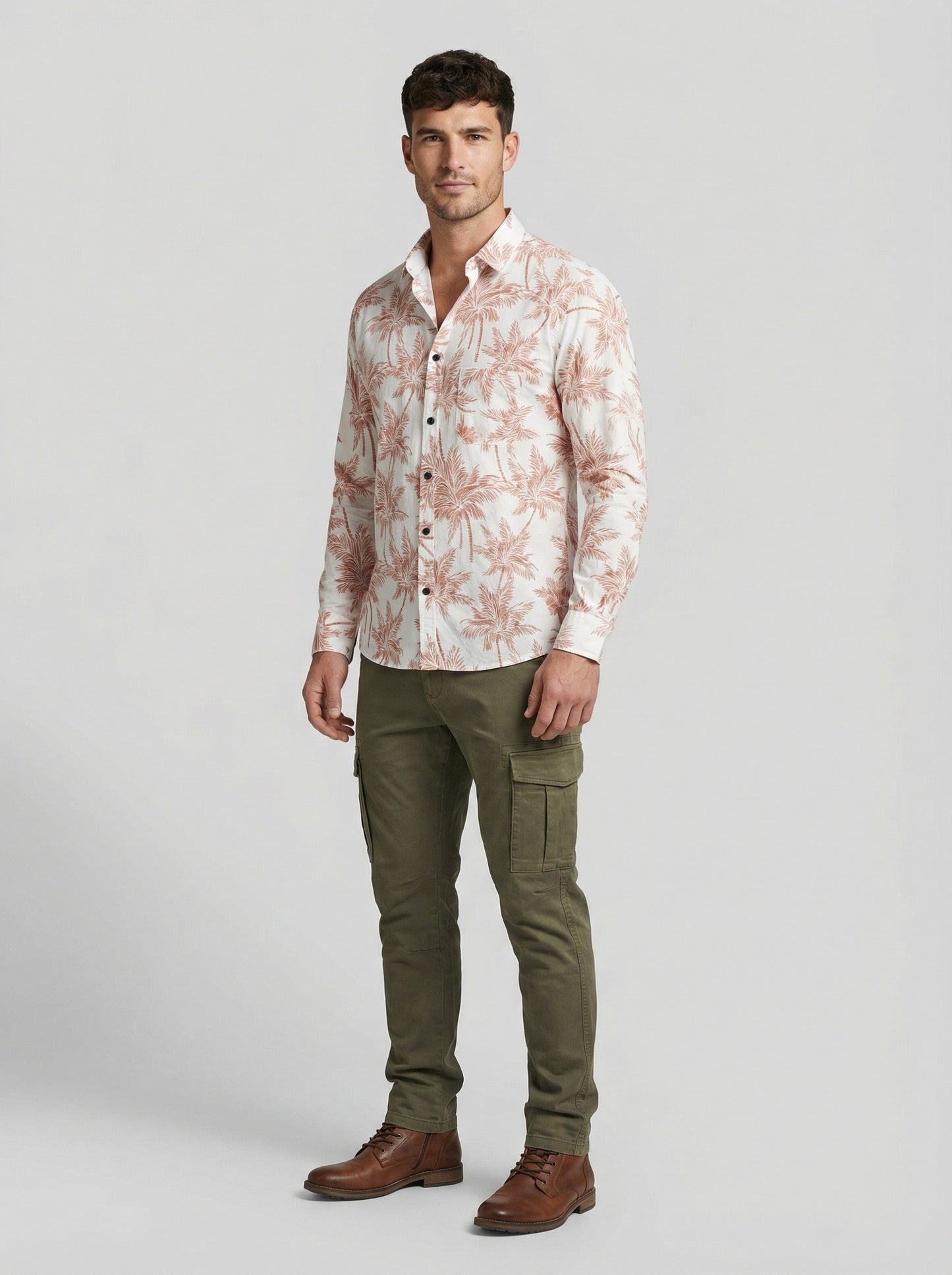 Men's Slim Fit Terracotta Palm Print Linen Blend Shirt