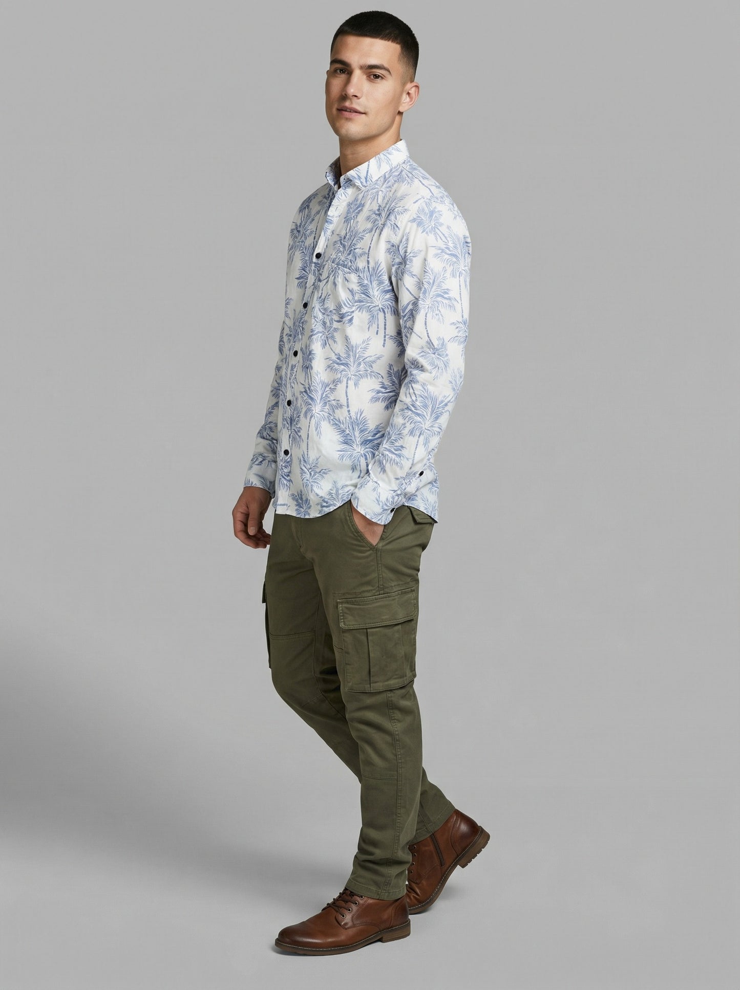 Men's THE SHOWFINE Blue Palm Print Slim-Fit Button-Down Shirt